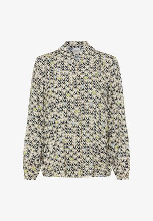 Blouse met lange mouwen van lichtgewicht stof met een golfpatroon in crème-, bruin-, blauw- en groentinten, voorzien van een kraag en knoopsluiting.