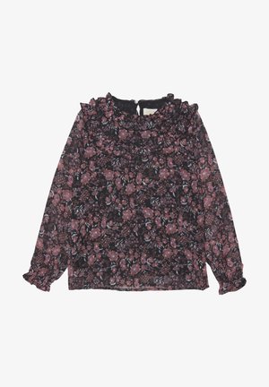 Blumenbluse in Schwarz mit rosa und lila Blumen. Mit Rüschenausschnitt und langen Ärmeln mit gerafften Manschetten. Leichter, transparenter Stoff.