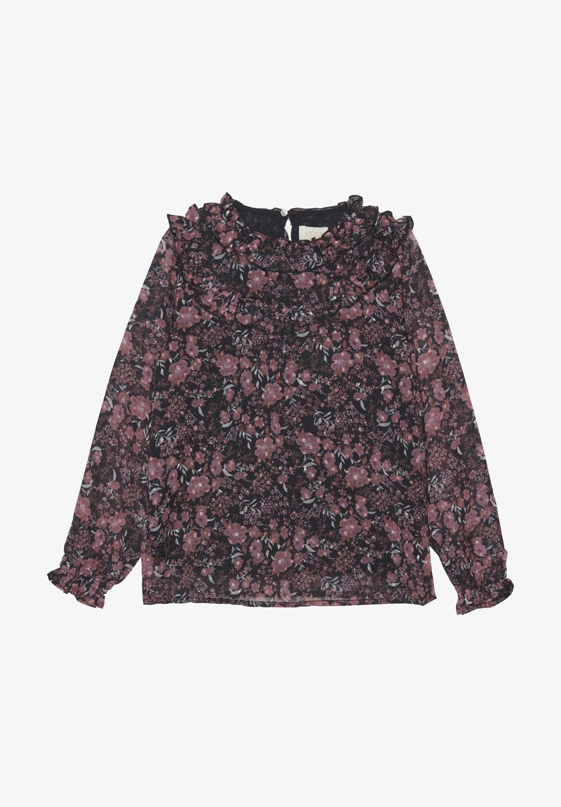 Bloem blouse in zwart met roze en paarse bloemen. Heeft een gerimpelde halslijn en lange mouwen met gathered manchetten. Lichtgewicht, doorschijnende stof.