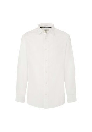 Camicia bianca a maniche lunghe con bottoni in tessuto leggero, caratterizzata da un colletto a punta, patta frontale con bottoni e polsini con bottoni.