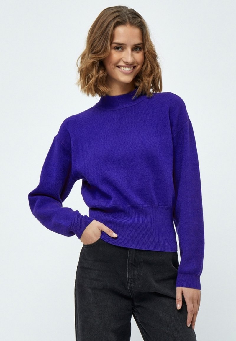 Maglione viola a maglia con collo alto, polsini a coste e vita aderente, abbinato a pantaloni scuri. Texture liscia, design informale.