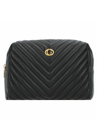 Borsa cosmetica in pelle nera con design a zigzag trapuntato e un accento con logo in tonalità oro sul davanti. Chiusura con zip sul lato.