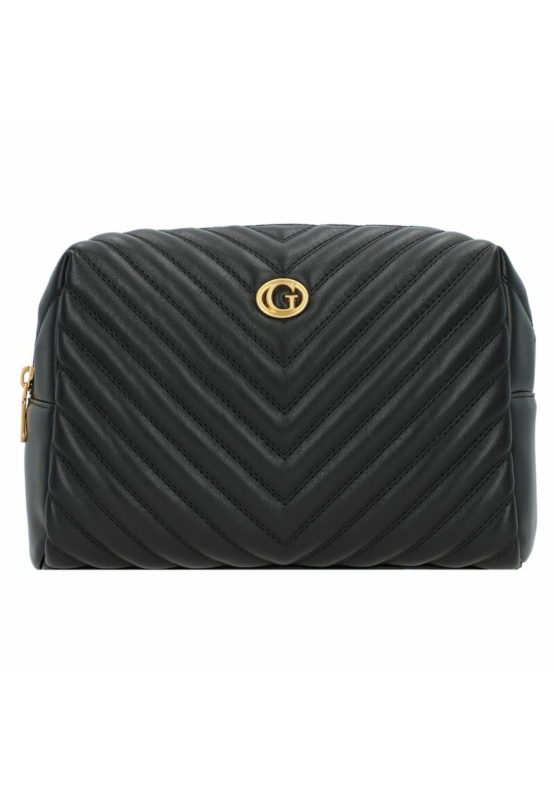 Borsa cosmetica in pelle nera con design a zigzag trapuntato e un accento con logo in tonalità oro sul davanti. Chiusura con zip sul lato.