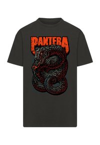 Black cotton T-shirt featuring a red and gray graphic of a coiled serpent and the word "PANTERA" in bold, distressed lettering.