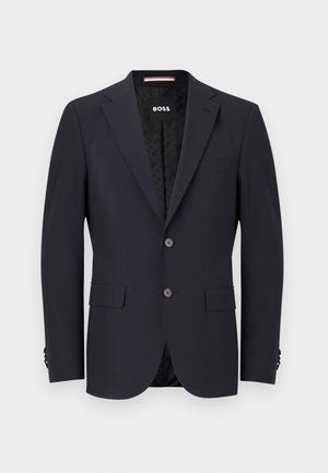 Marineblauwe op maat gemaakte blazer van soepel materiaal, met twee knopen, vier knopenmanchetten en een enkele borstzak. Voering met logo.