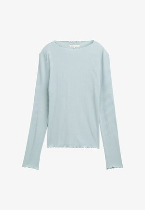 Haut à manches longues bleu clair en tissu côtelé. Il dispose d'un col rond et d'un ourlet festonné aux poignets et à l'ourlet.