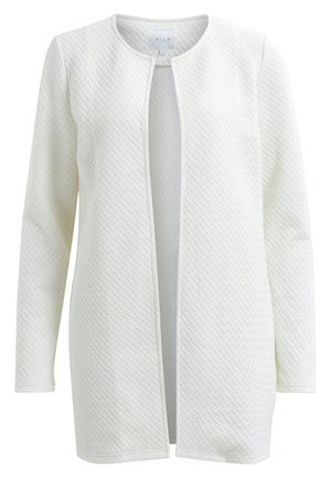 White textured open-front long-sleeve cardigan with round neckline and mid-thigh length.