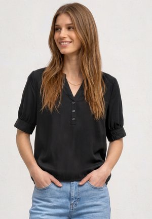 Street One, SHORT-SLEEVE BLOUSE WITH SPLIT NECK AND ELASTIC HEM - Blouse - black