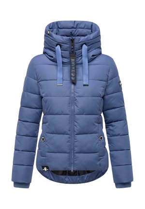 Blue puffer jacket with a high collar, zip front, and drawstring hood. Features horizontal quilting, side pockets, and ribbed cuffs.
