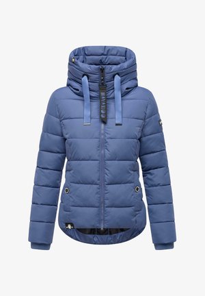 Giacca a vento blu con colletto alto, chiusura frontale con zip e cappuccio regolabile. Presenta un'imbottitura orizzontale, tasche laterali e polsini a coste.