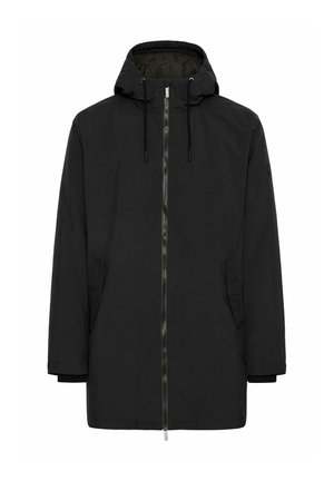 Chaqueta con capucha negra de cremallera frontal, capucha ajustable con cordones, dos bolsillos laterales y puños elásticos, fabricada con un tejido suave y resistente al agua.