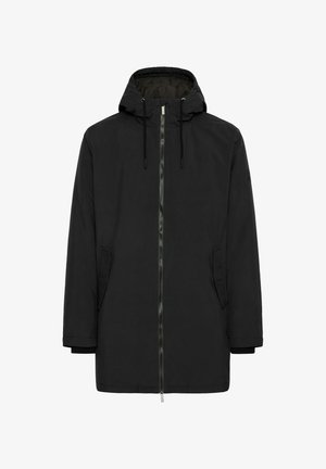 Schwarze Kapuzenjacke mit einem Frontreißverschluss, verstellbarem Kordelzug an der Kapuze, zwei Seitentaschen und elastischen Bündchen, aus glattem, wasserabweisendem Material.