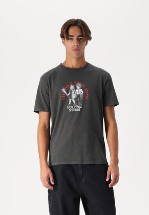 Dark gray cotton t-shirt with a round neck, short sleeves, and a graphic print featuring two figures and text. Soft texture.