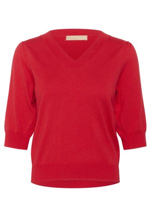 Pull rouge à col en V, à manches courtes, avec des poignets et un ourlet côtelés. Sa texture douce et sa finition lisse accentuent son design. Coupe décontractée et polyvalente.