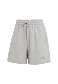 Ljusgrå träningsshorts i mjukt material med ett diskret randigt mönster. Har resårmidja med dragsko och sidofickor.