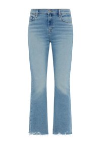 Helle blaue, weit geschnittene Jeans mit hohem Bund, rohem Saum und dezenter Ausbleichung. Fünf-Taschen-Design mit klassischem Knopf- und Reißverschluss.