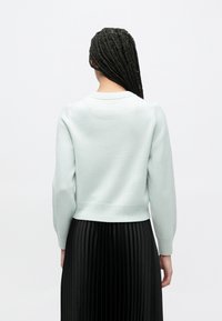 Mentazöld hosszú ujjú pulóver bordázott szegéllyel, fekete pliszírozott szoknyával párosítva. Texturált anyag, egyszerű kialakítás, semleges színek.