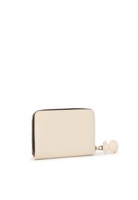 Cream-colored wallet with a textured finish, zip-around closure, and a small bear-shaped charm attached. Compact rectangular design.
