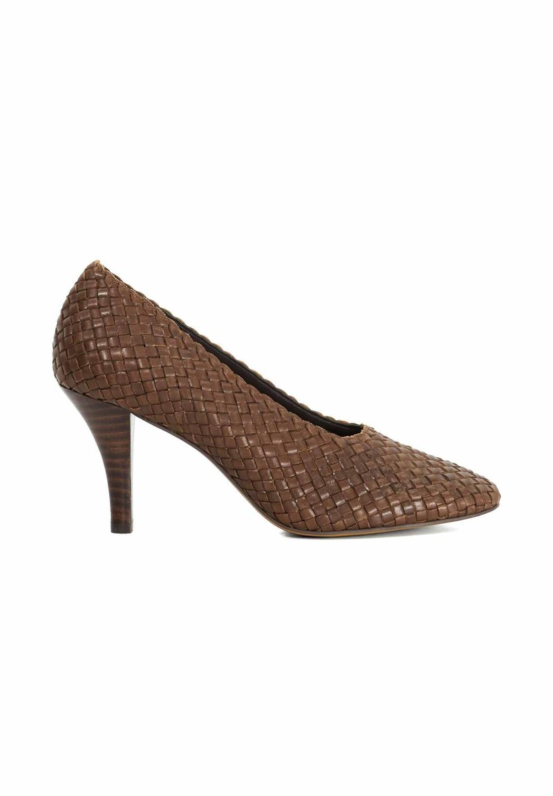 Brown woven leather high-heel pump with a pointed toe and a textured surface. Features a slender heel and a smooth inner lining.