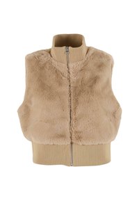 BeIGE lažni krzneni prsluk s visokim rebrastim ovratnikom, prednjim zatvaračem na patentni zatvarač i rebrastim rubom. Mekana tekstura i opušteni kroj. Bez rukava.