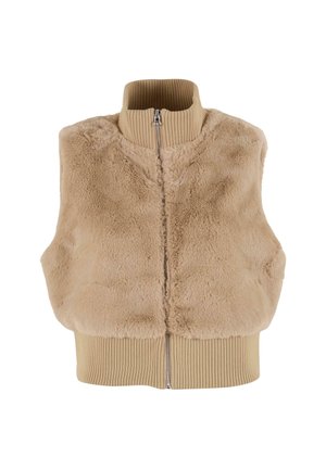 Gilet in pelliccia sintetica beige con colletto alto a coste, chiusura frontale con zip e orlo a coste. Texture morbida e vestibilità rilassata. Senza maniche.
