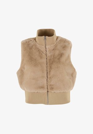Beeži faux fur vest kõrge soonikkoes kraega, ees lukuga sulgemine ja soonikkoes äär. Pehme tekstuur ja mugav lõige. Ilma varrukateta.