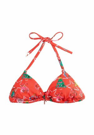 Rotes Triangel-Bikini-Oberteil mit festlichen Weihnachtmustern, darunter Bäume und Ornamente, mit verstellbaren Bändern und einer strukturierten Oberfläche.