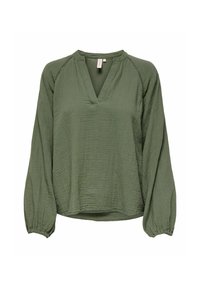 Grüne Bluse mit langen Ärmeln, V-Ausschnitt, strukturiertem Stoff und gerafften Manschetten. Lockere Passform mit leicht oversized Schnitt.