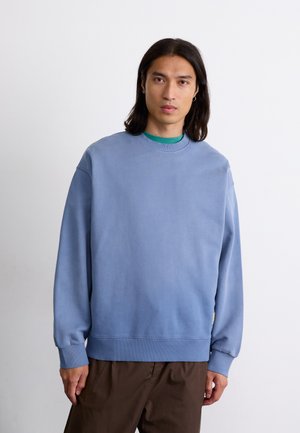 Sweatshirt bleu clair avec un col rond, des poignets et un ourlet côtelés, fabriqué en tissu doux. Porté par-dessus une chemise verte, associé à un pantalon marron.