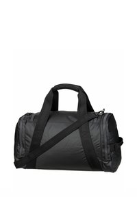 Black duffel bag made of durable, smooth material featuring dual handles and a removable shoulder strap. Zip closure with textured accents.