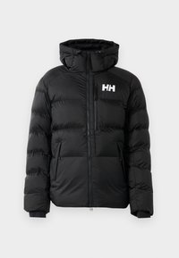 Veste d'hiver noire matelassée avec capuche, fermeture éclair à l'avant, deux poches latérales, poche poitrine et logo "HH" blanc sur la poitrine gauche.