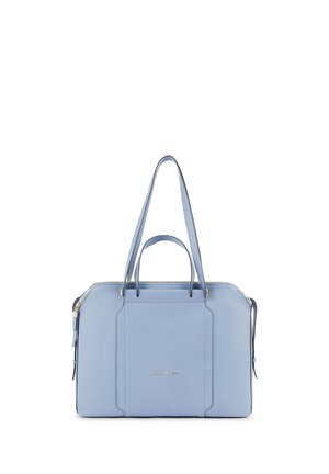 Cartella in pelle azzurro chiaro con doppi manici, cerniera dorata sulla parte superiore e piccola tasca frontale con logo del marchio al centro.
