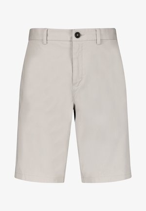 Lys grå shorts lavet af glat stof, med frontlukning med knap, bæltestropper og to sidelommer. Lige ben design.
