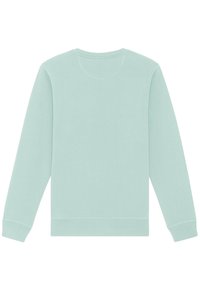 Sweatshirt vert menthe clair avec manches longues, col rond, texture lisse et poignets côtelés. Aucune marque ni détail supplémentaire présent.