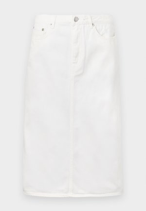 Falda de mezclilla blanca con cremallera frontal, diseño de cinco bolsillos y silueta recta con acentos de costura.