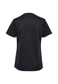 T-shirt noir à manches courtes et col rond, vu de dos avec des coutures visibles sur les épaules et les manches.