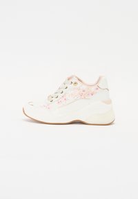 Valkoinen lenkkari, jossa on kukkakuvioinen pinkki kirjailu, pyöreä kärki, kuvioitu pohja ja metalliset reiät nauhoille. Varustettu pehmustetulla kauluksella ja nauhoilla.