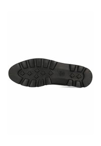 Suela de zapato de goma negra con una superficie texturizada, que presenta profundas ranuras para un mejor agarre y un tacón redondeado, con detalles en patrón cruzado.