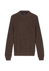 Bruine gebreide trui met lange mouwen, ronde halslijn en een gestructureerde stof. Heeft een klein logo-label aan de linkeronderkant.