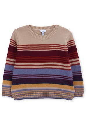 Maglione girocollo per bambini con righe orizzontali nei colori beige, bordeaux, rosso, blu, navy e senape.