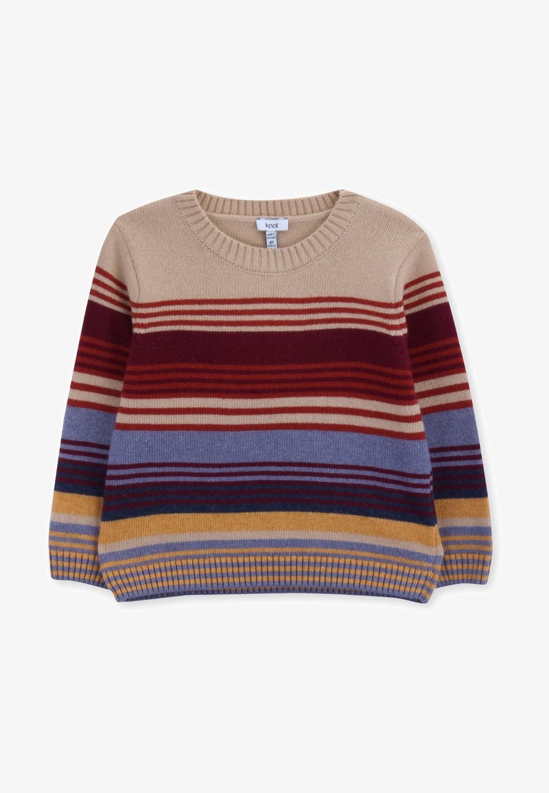 Pull à col rond pour enfant avec des rayures horizontales de couleurs beige, bordeaux, rouge, bleu, marine et moutarde.
