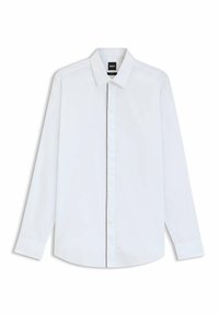 Camicia bianca a maniche lunghe in cotone morbido. Presenta un colletto classico, chiusura con bottoni e polsini sartoriali. Design minimalista, senza motivi.