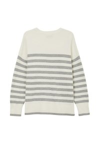 Gestrickter Pullover in Creme mit horizontalen grauen Streifen. Besitzt überschnittene Schultern und einen gerippten Saum. Weiche Textur und lässige Passform.