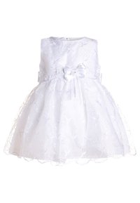 Valkoinen mekko, jossa on kukkakirjonta, hihaton muotoilu, pyöreä pääntie ja satiininen yläosa. Sijoitettu vyötärölle oleva nauha ja kerroksellinen hame.