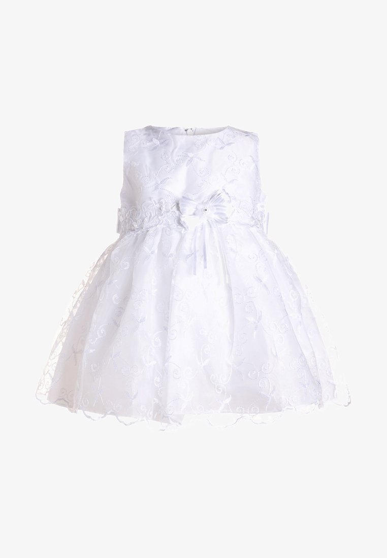 White dress with floral embroidery, sleeveless design, round neckline, and a satin bodice. Features a bow accent at the waist and a layered skirt.