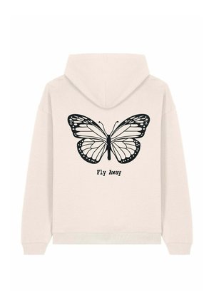 Felpa leggera color beige chiaro con una grafica di una farfalla nera sul retro e il testo "Fly Away" sottostante. Tessuto morbido, cappuccio con cordoncino, polsini a costine.