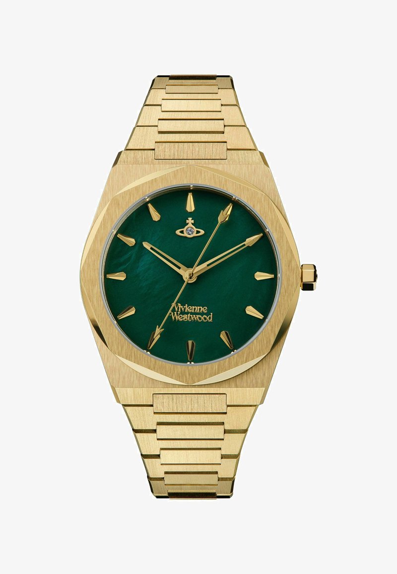 Gold stainless steel watch with an octagonal case, green textured dial, gold hour markers, and a brushed gold bracelet with links.