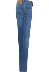 Cienkie jeansy w średnim niebieskim deni-mie. Posiadają wysoki stan, kontrastowe przeszycia oraz skórzaną łatę na tylnej stronie pasa. Klasyczny design z pięcioma kieszeniami.