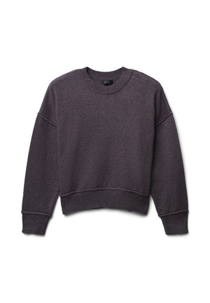 Maglione pullover grigio scuro realizzato in un morbido tessuto a maglia. Presenta un collo rotondo, spalle scese e polsini e orlo a coste. Texture liscia.