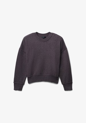 Dunkelgrauer Pullover aus weichem Strick. Mit Rundhalsausschnitt, überschnittenen Schultern und gerippten Bündchen und Saum. Glatte Textur.